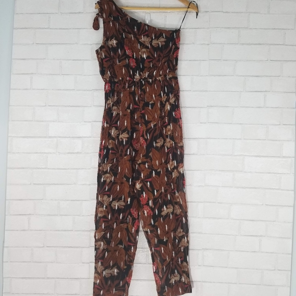Anthropologie Sz 2 Maeve Kyoto Metallic Floral Jumpsuit Brown One Shoulder Crepe - Picture 8 of 12
